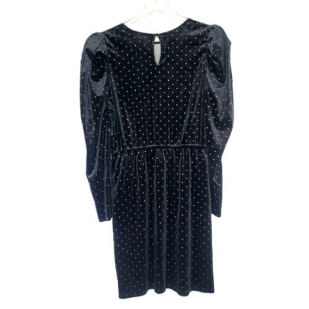 INC Black Velour Dress Puff Sleeve Glitter Polka Dot Cottage Mesh Neck Goth L - Picture 2 of 6